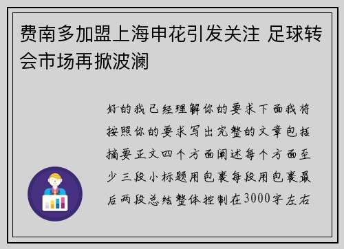 费南多加盟上海申花引发关注 足球转会市场再掀波澜